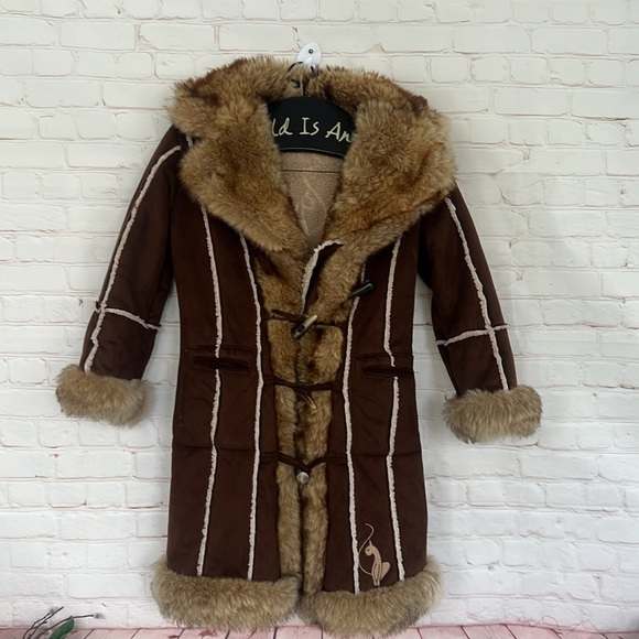 BEBE Y2K cow print faux fur trench